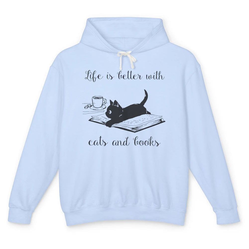 Retro Life Is Better With Cats And Books Reading Lovers Unisex Lightweight Hoodie