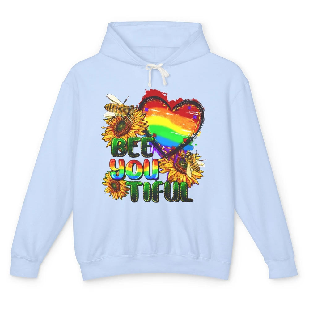 Bee You Tiful Pride Heart Rainbow Sunflower LGBT Pride Month Unisex Lightweight Hoodie