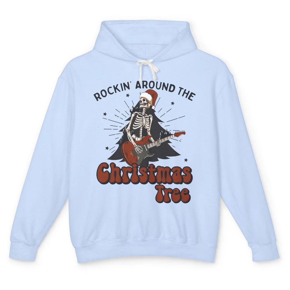 Skeleton Guitar Rocking Around Christmas Tree Western Xmas Unisex Lightweight Hoodie