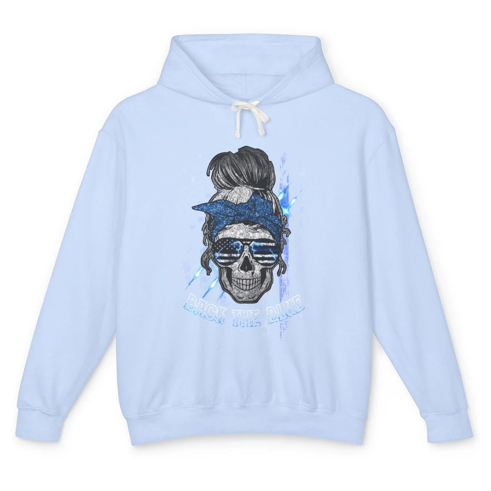 Back The Blue Police American Flag Skull Lady 4th of July Unisex Lightweight Hoodie