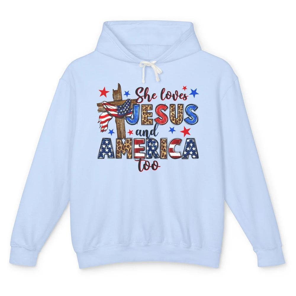 She Loves Jesus And America Too Leopard USA Flag 4th Of July Unisex Lightweight Hoodie