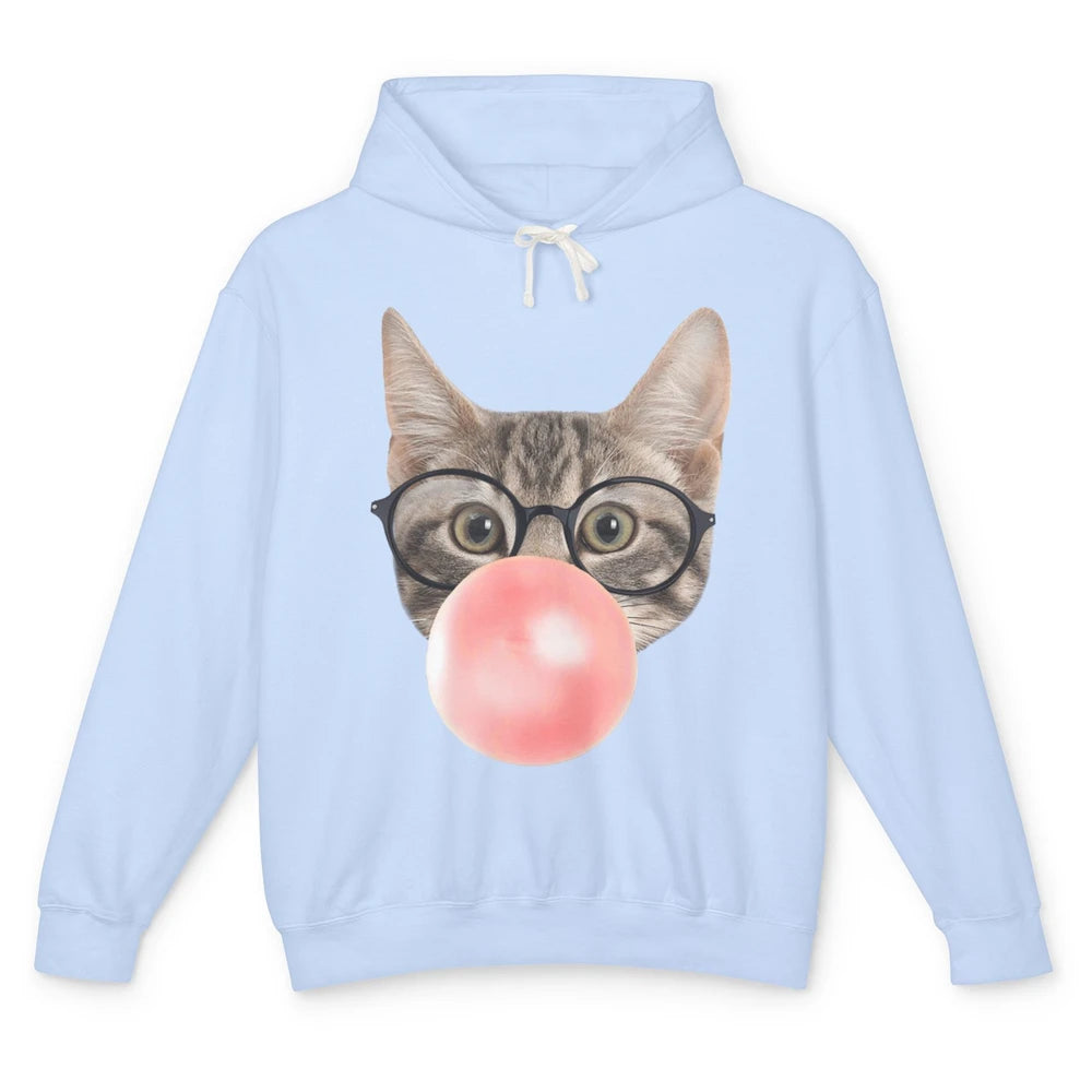 Funny Cat Blow Giant Bubble Gum Pink Glasses Sarcastic Pun Unisex Lightweight Hoodie