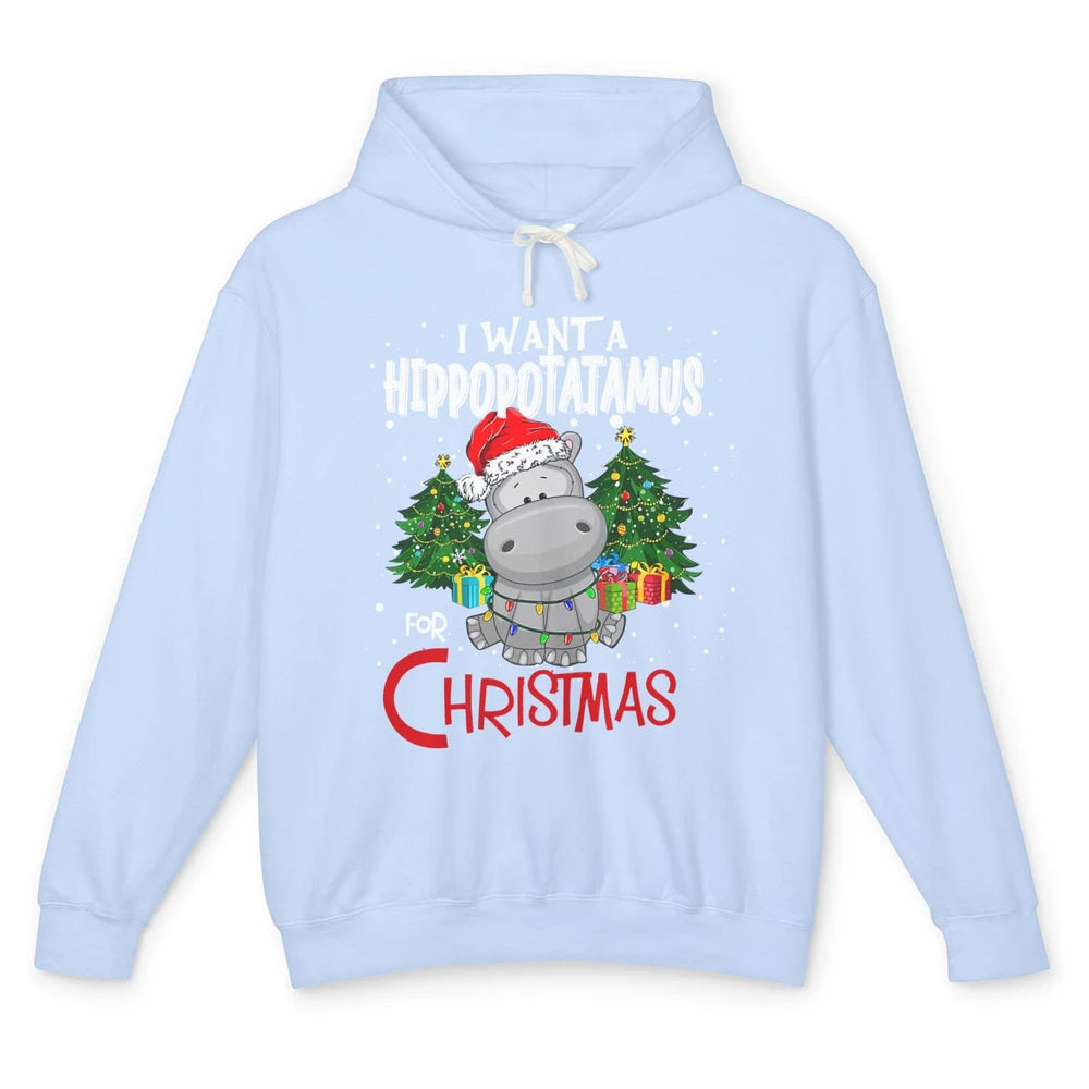 Funny I Want A Hippopotamus For Christmas Tree Hippo Santa Unisex Lightweight Hoodie