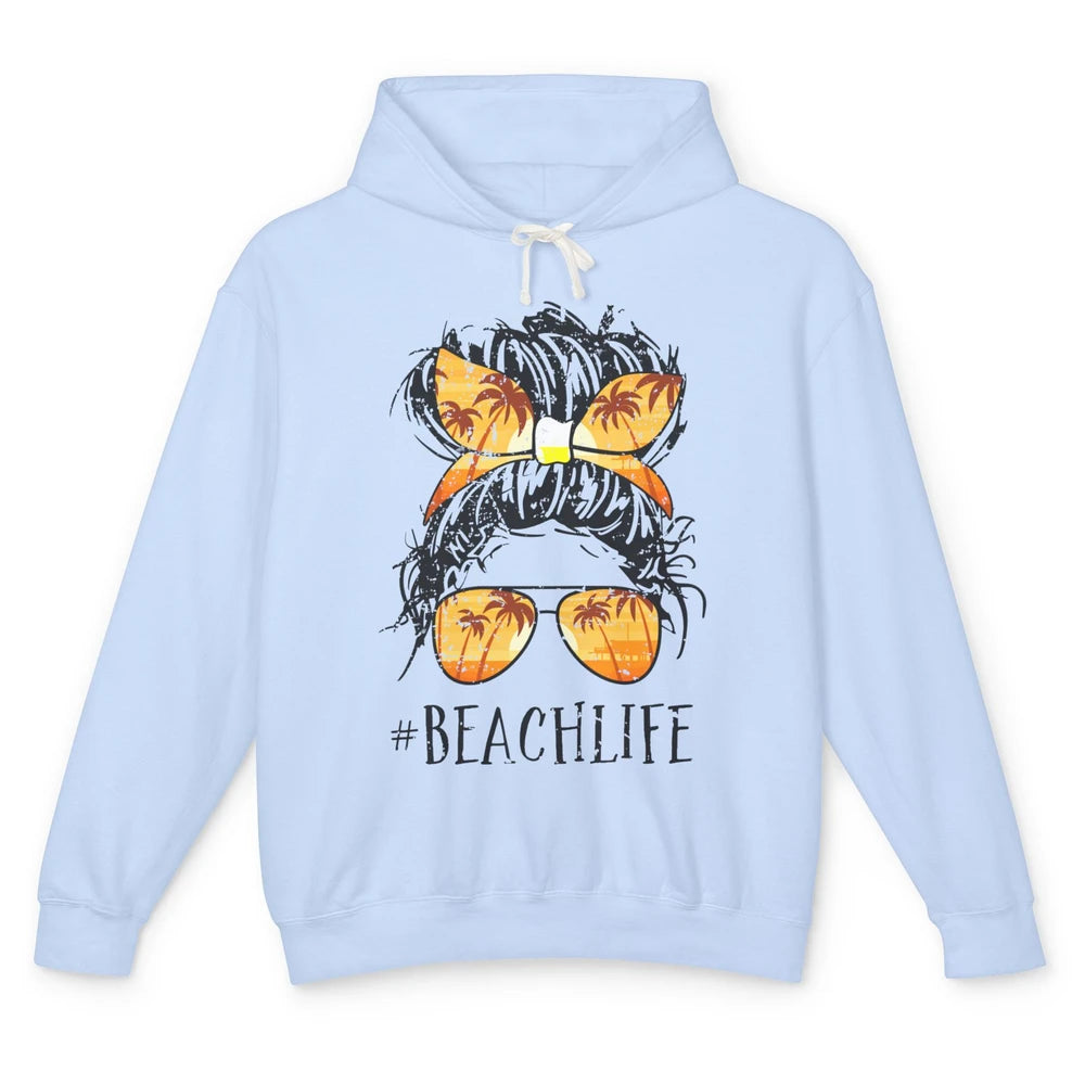 Beach Life Messy Bun Hair Retro Vintage Beach Palms Summer Unisex Lightweight Hoodie