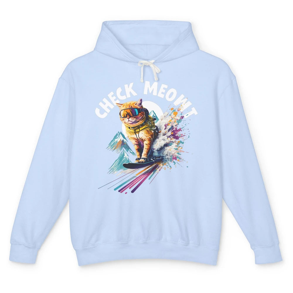 Funny Skiing Skier Check Meowt Humor Orange Cat Watercolor Unisex Lightweight Hoodie