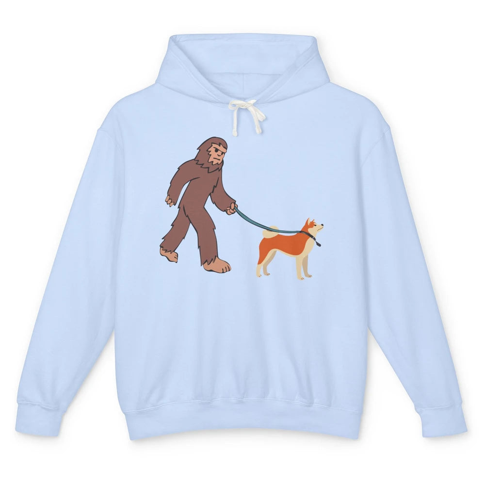 Funny Bigfoot Sasquatch Walking Shiba Inu Dog Mom Bigfoot Unisex Lightweight Hoodie