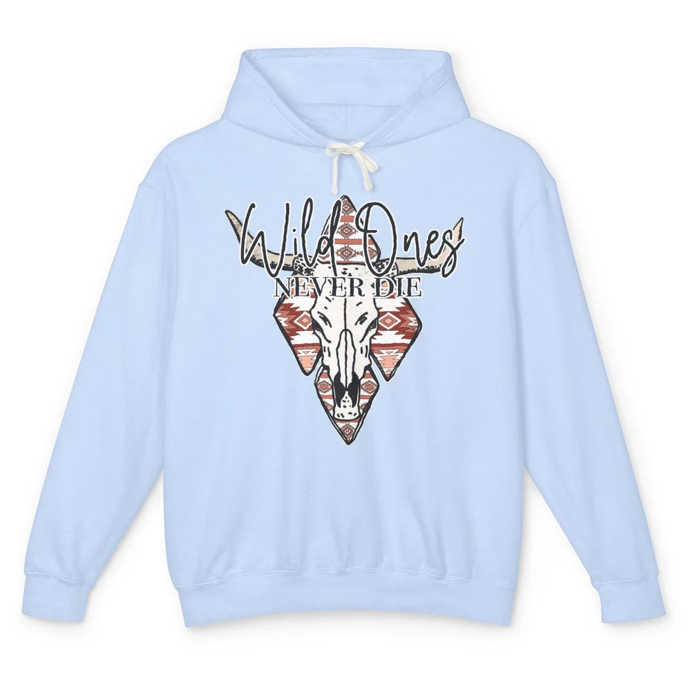 Retro Bull Skull Aztec Wild Ones Never Die Western Country Unisex Lightweight Hoodie