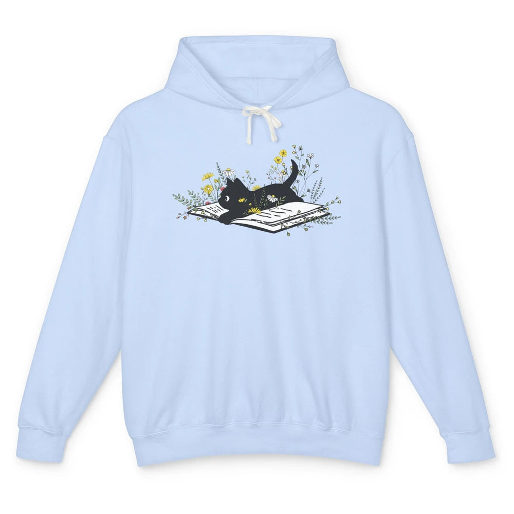 Cute Book Cat Floral Book Nerd Black Cat Lover Reader Gift Unisex Lightweight Hoodie