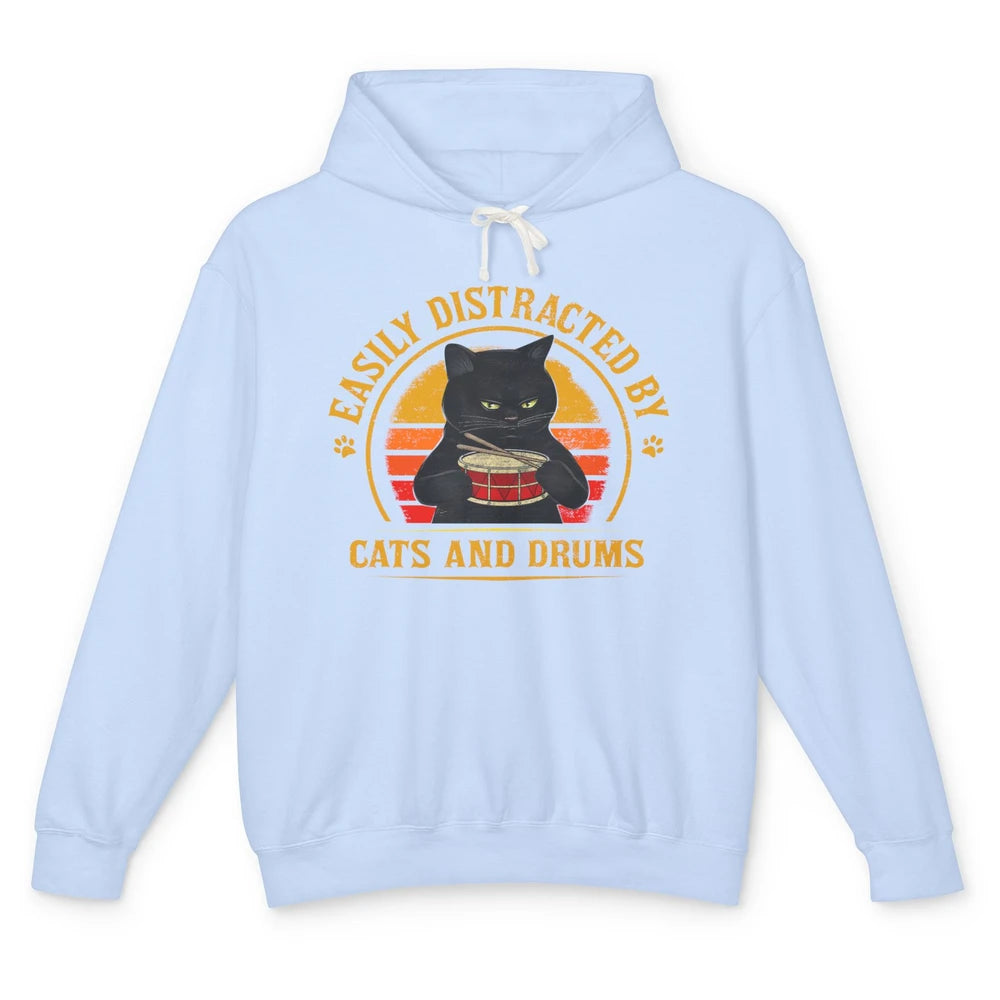 Vintage Black Cat Drummer Easily Distracted By Cat And Drums Unisex Lightweight Hoodie