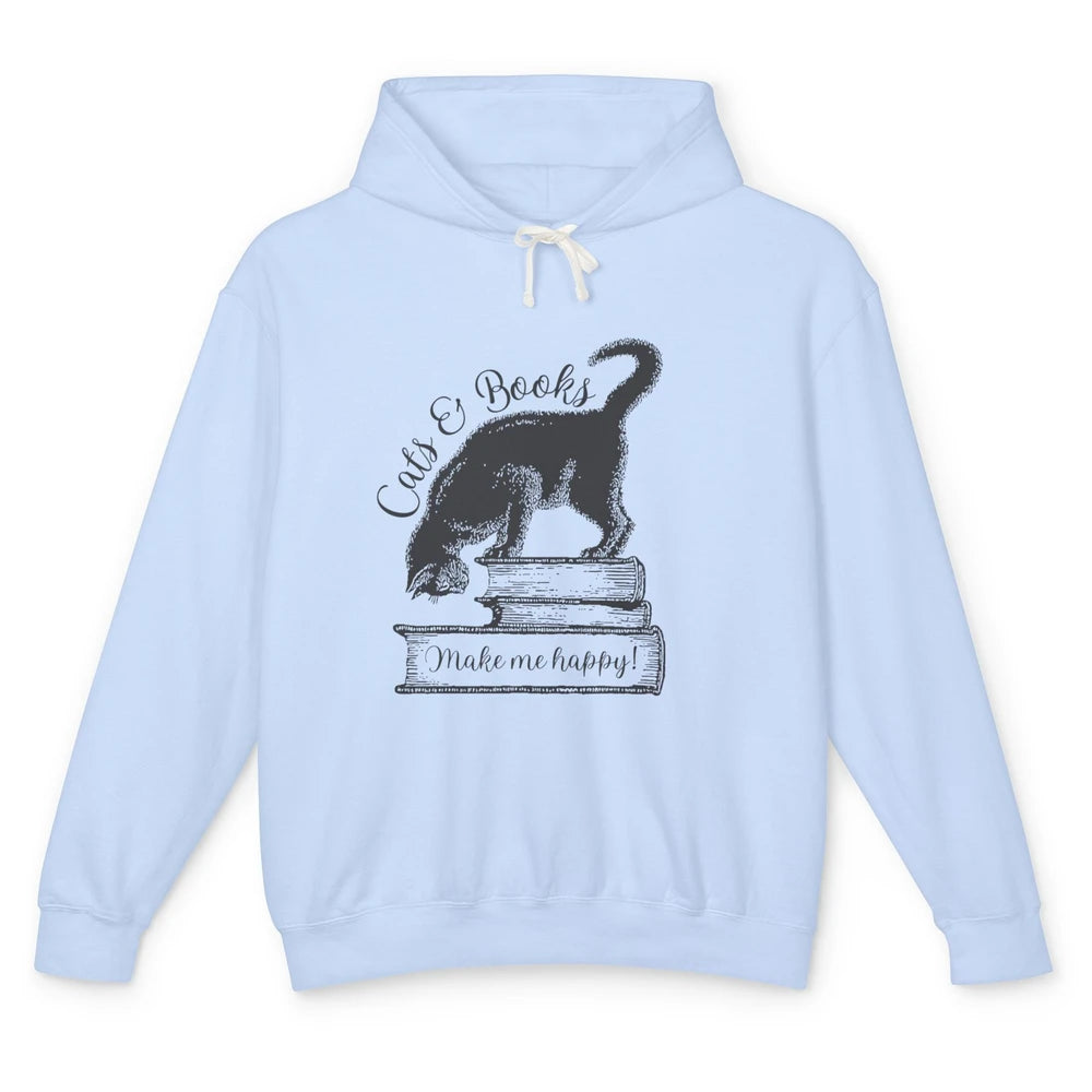 Black Cat Make Me Happy Reading Book Retro Kitten Bookish Unisex Lightweight Hoodie