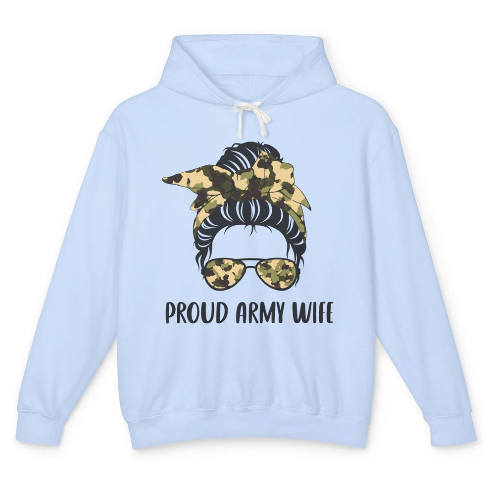 Proud Army Wife Messy Bun Hair Proud Wife Of A US Soldier Unisex Lightweight Hoodie