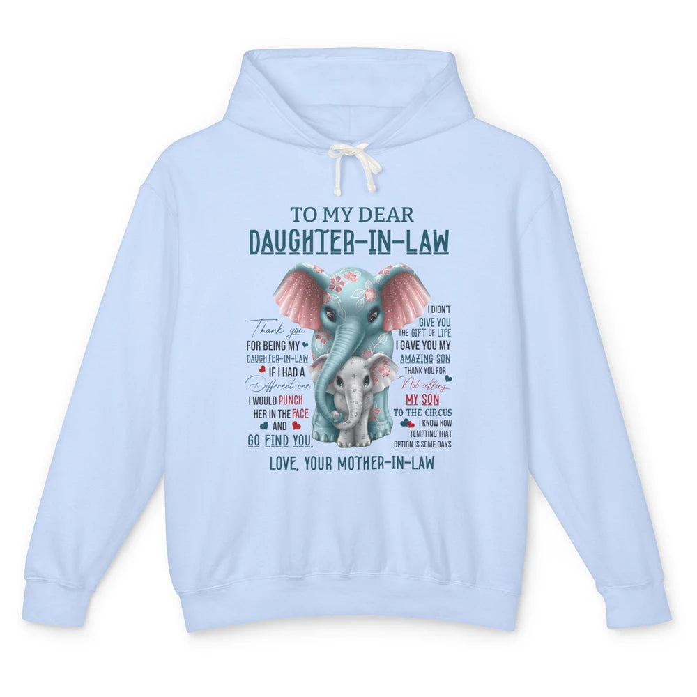 To My Dear Daughter In Law Love Mother In Law Cute Elephant Unisex Lightweight Hoodie