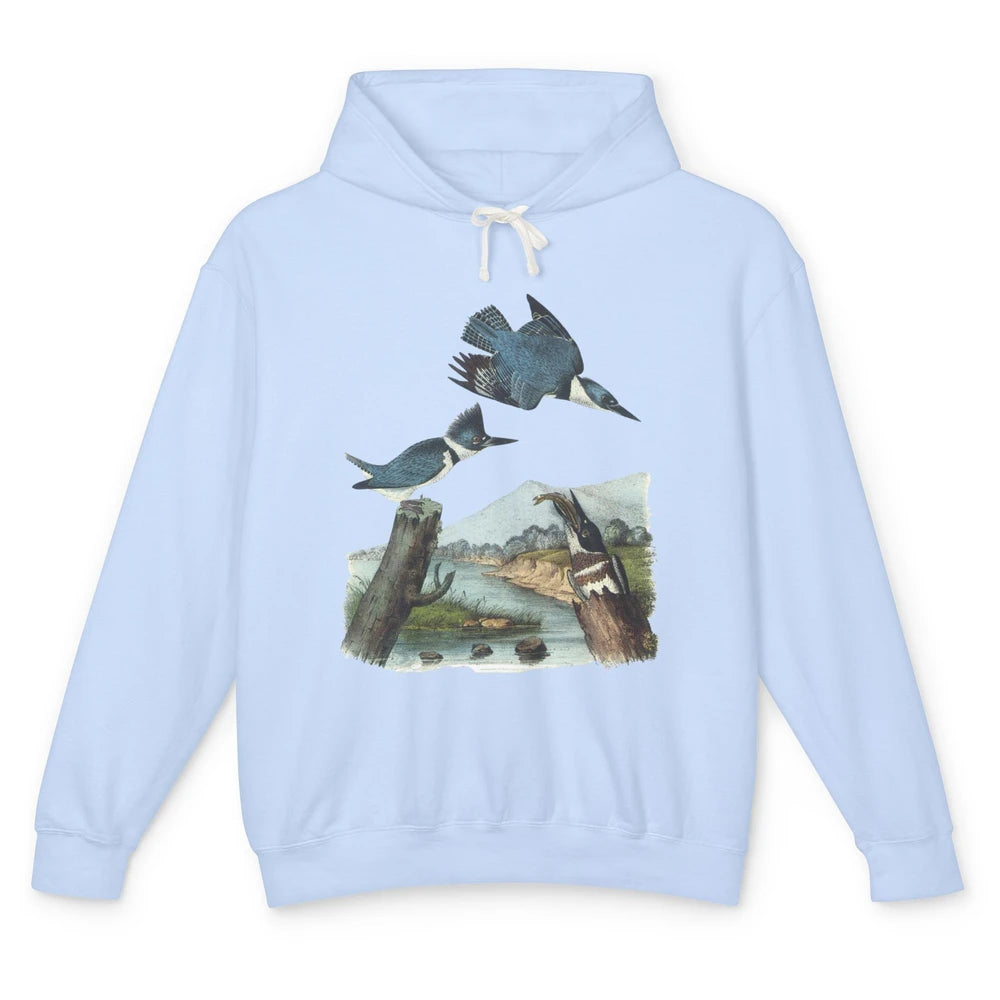 Watercolor Belted Kingfisher Bird Eat Fish Nature Birding Unisex Lightweight Hoodie