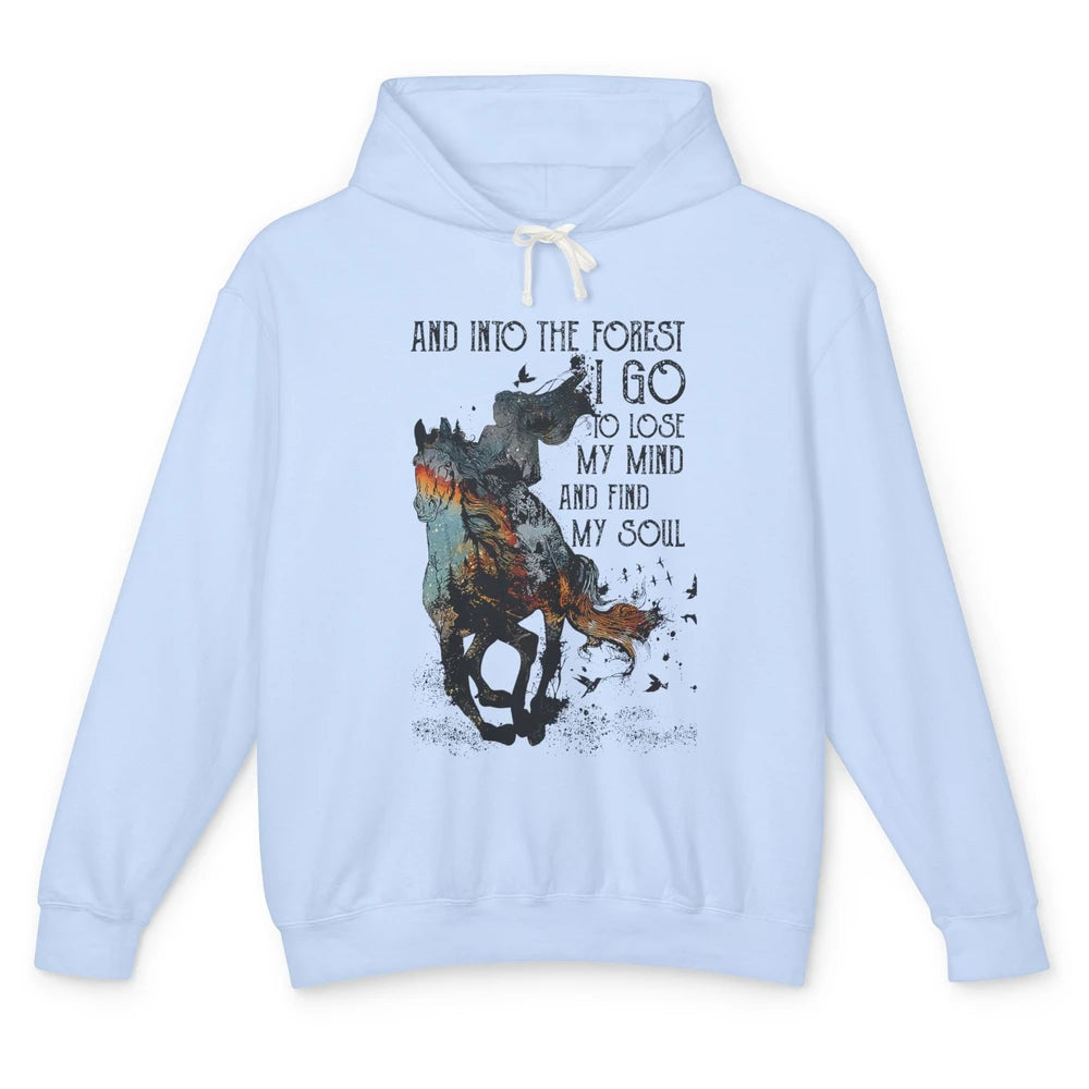 Retro Cowgirl Riding Horse Into Forest I Go Western Cowboy Unisex Lightweight Hoodie