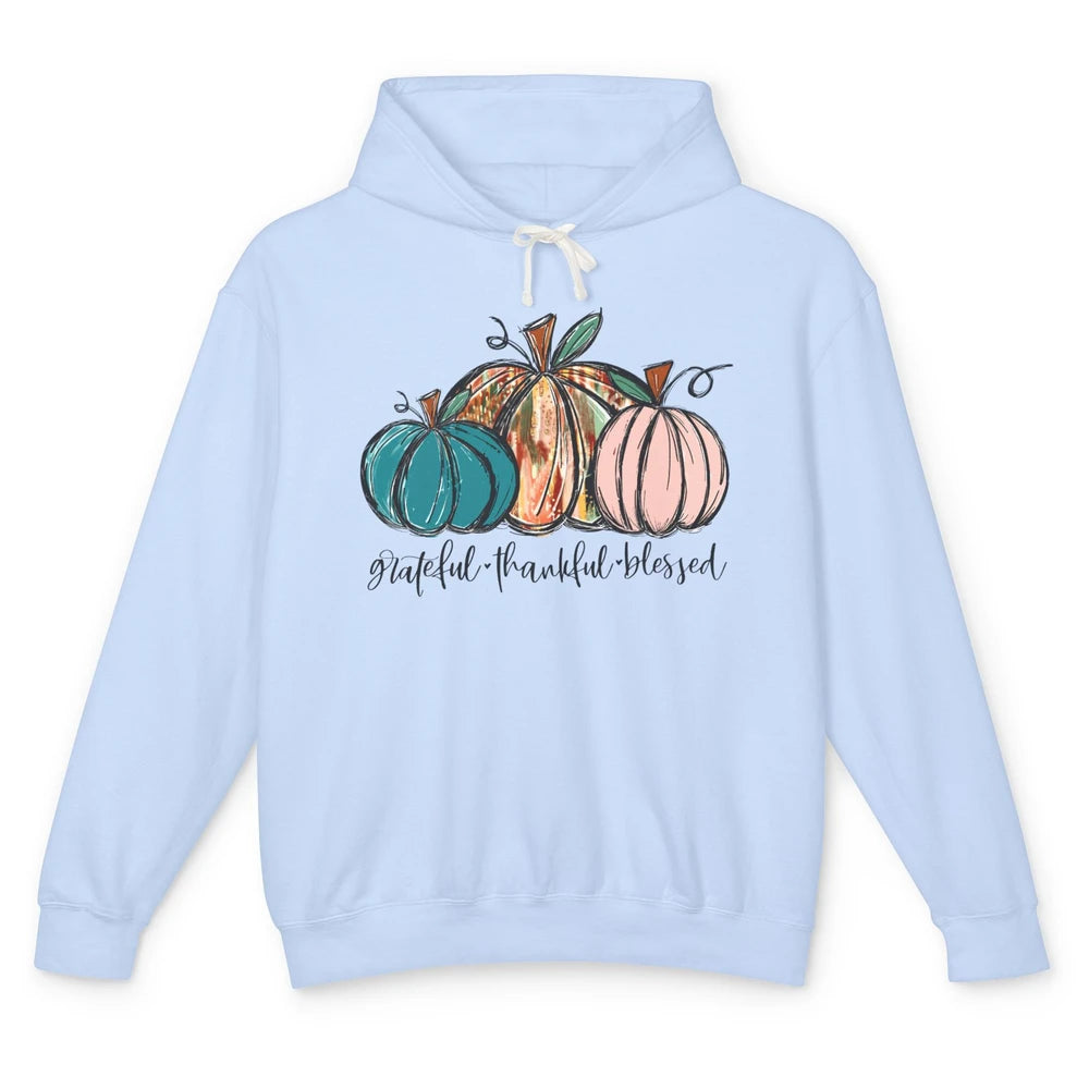 Grateful Thankful Blessed Doodle Pumpkin Fall Thanksgiving Unisex Lightweight Hoodie