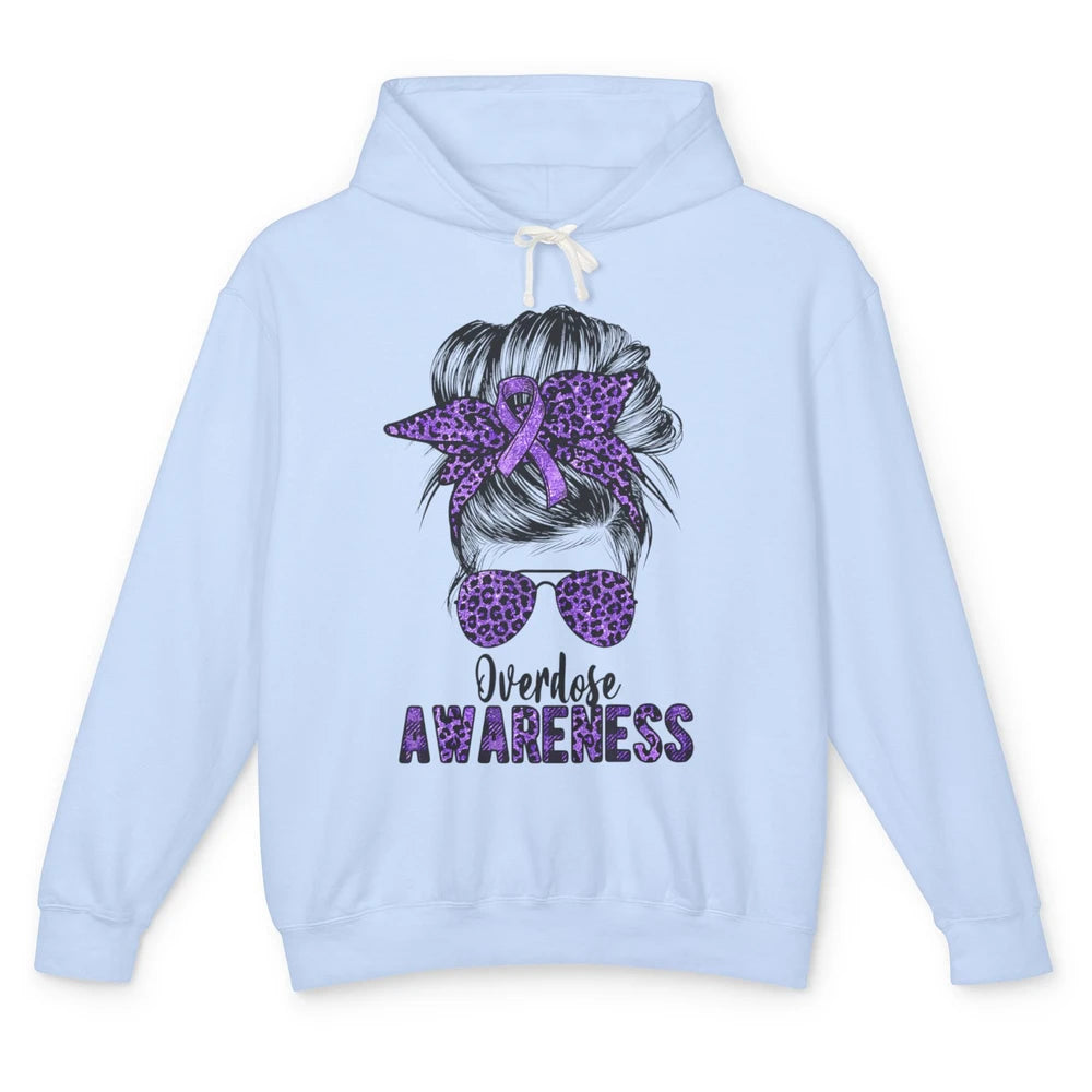 Overdose Awareness Messy Hair Bun Purple Leopard Warrior Unisex Lightweight Hoodie