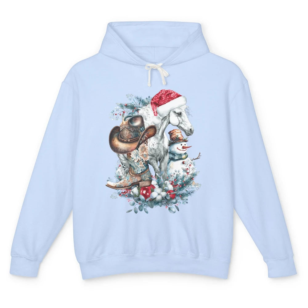 Merry Christmas Horse Santa Hat Cowgirl Cowboy Boots Xmas Unisex Lightweight Hoodie