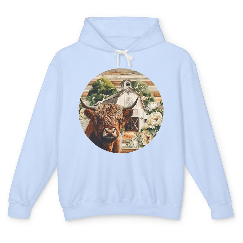 Retro Farm Highland Cow Barn House Western Country Farmer Unisex Lightweight Hoodie