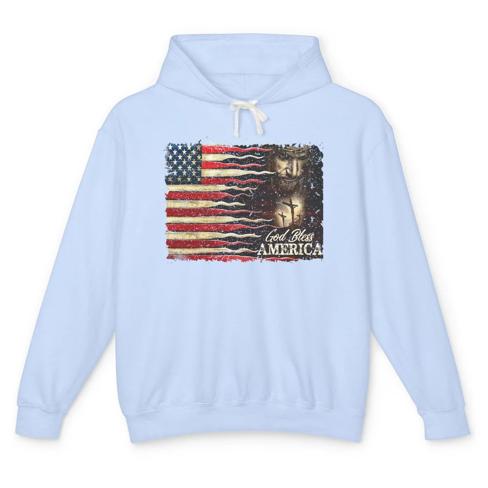 Retro US Flag Jesus Cross God Bless America Patriot July 4th Unisex Lightweight Hoodie