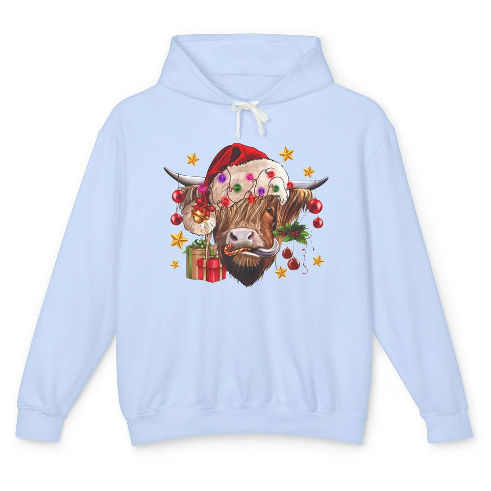 Highland Cow Joy Santa Hat Christmas Ornament Western Farm Unisex Lightweight Hoodie