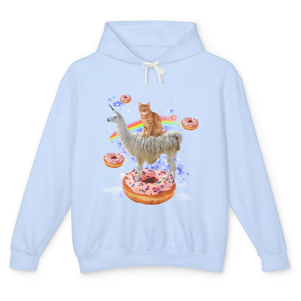 Funny Astronaut Cat Space Cat Riding Llama And Donuts Galaxy Unisex Lightweight Hoodie