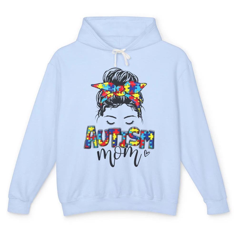 Autism Mom Messy Bun Hair Autism Awareness Puzzle Headband Unisex Lightweight Hoodie