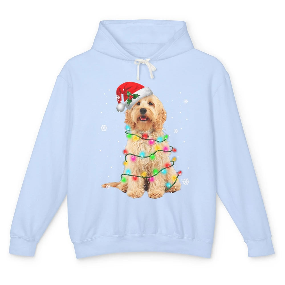 Merry Christmas Golden Doodle Dog Santa Hat Xmas Tree Lights Unisex Lightweight Hoodie