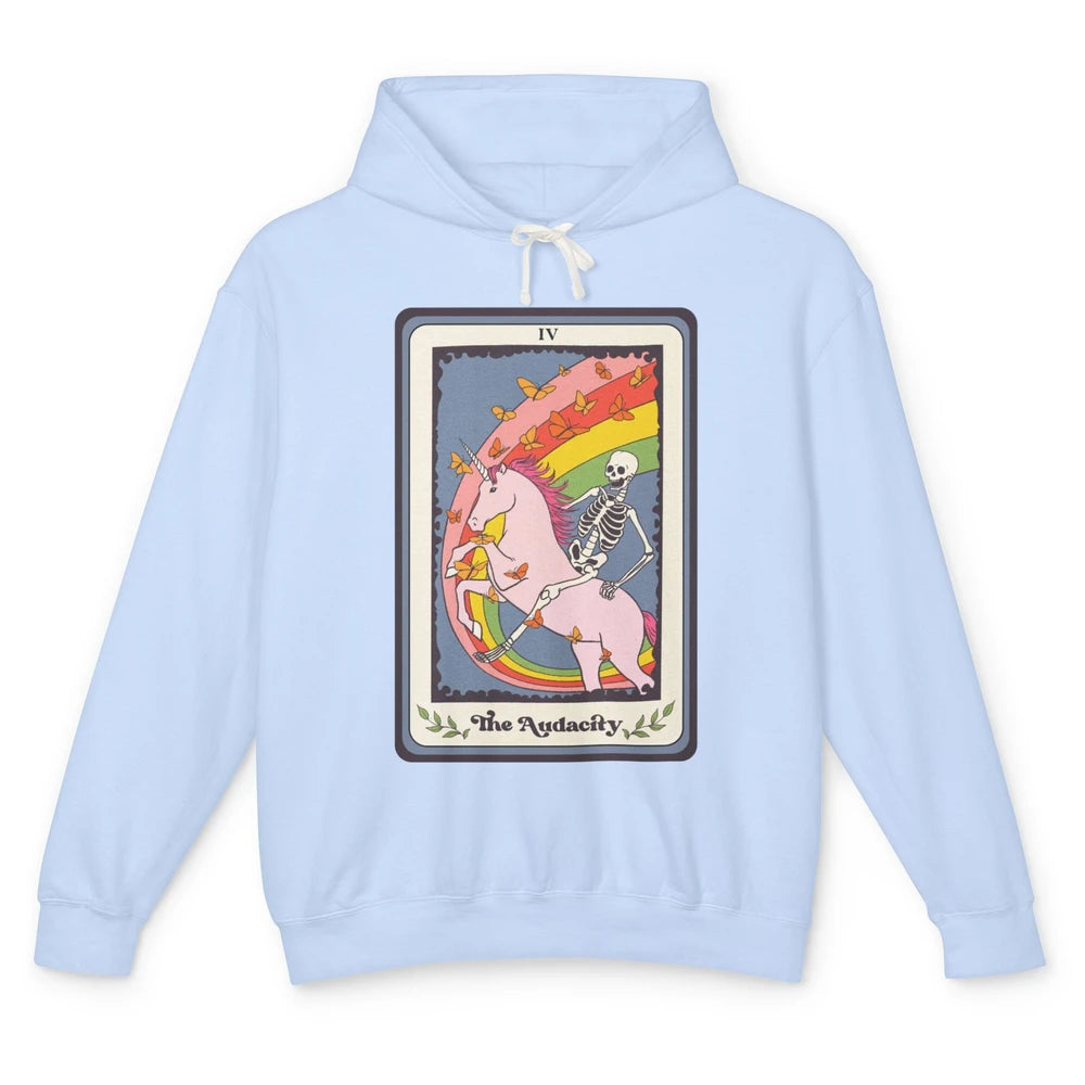 Retro Skeleton Rides Unicorn The Audacity Tarot Card Rainbow Unisex Lightweight Hoodie