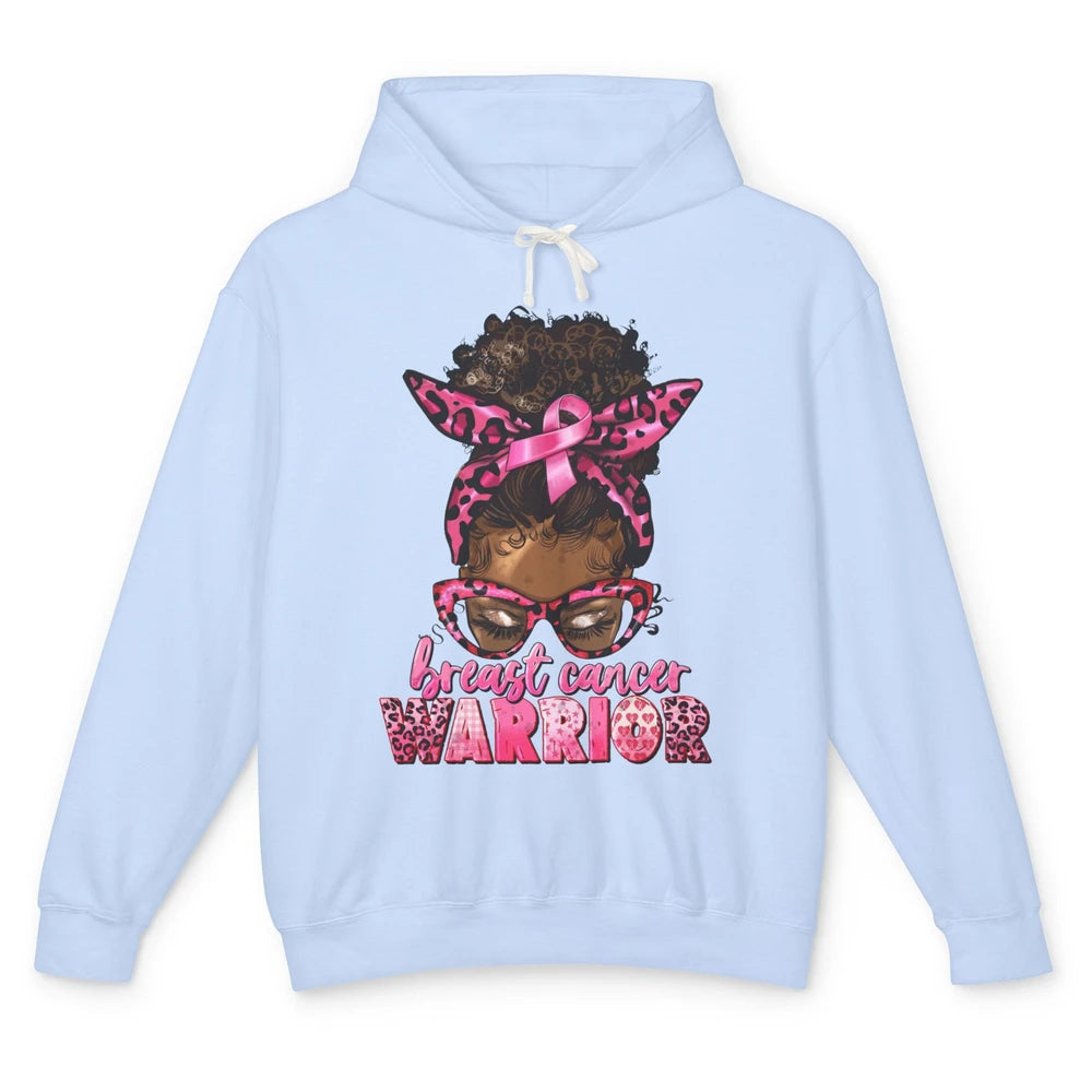 Afro Black Woman Breast Cancer Awareness Messy Bun Leopard Unisex Lightweight Hoodie