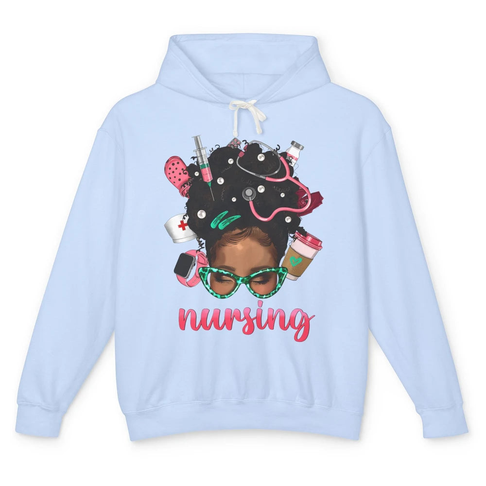 Afro Black Woman Nurse Life Nursing Therapist Messy Hair Bun Unisex Lightweight Hoodie