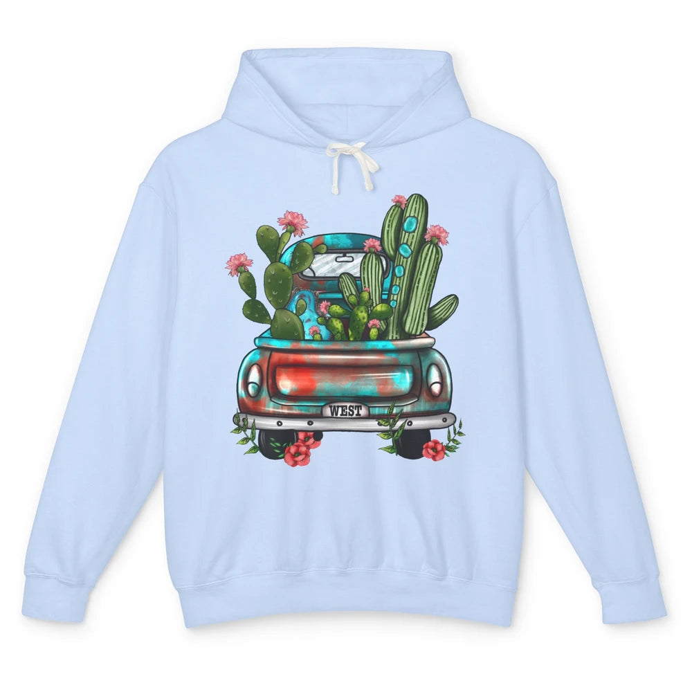 Turquoise Western Truck Desert Cactus Go West Western Gift Unisex Lightweight Hoodie