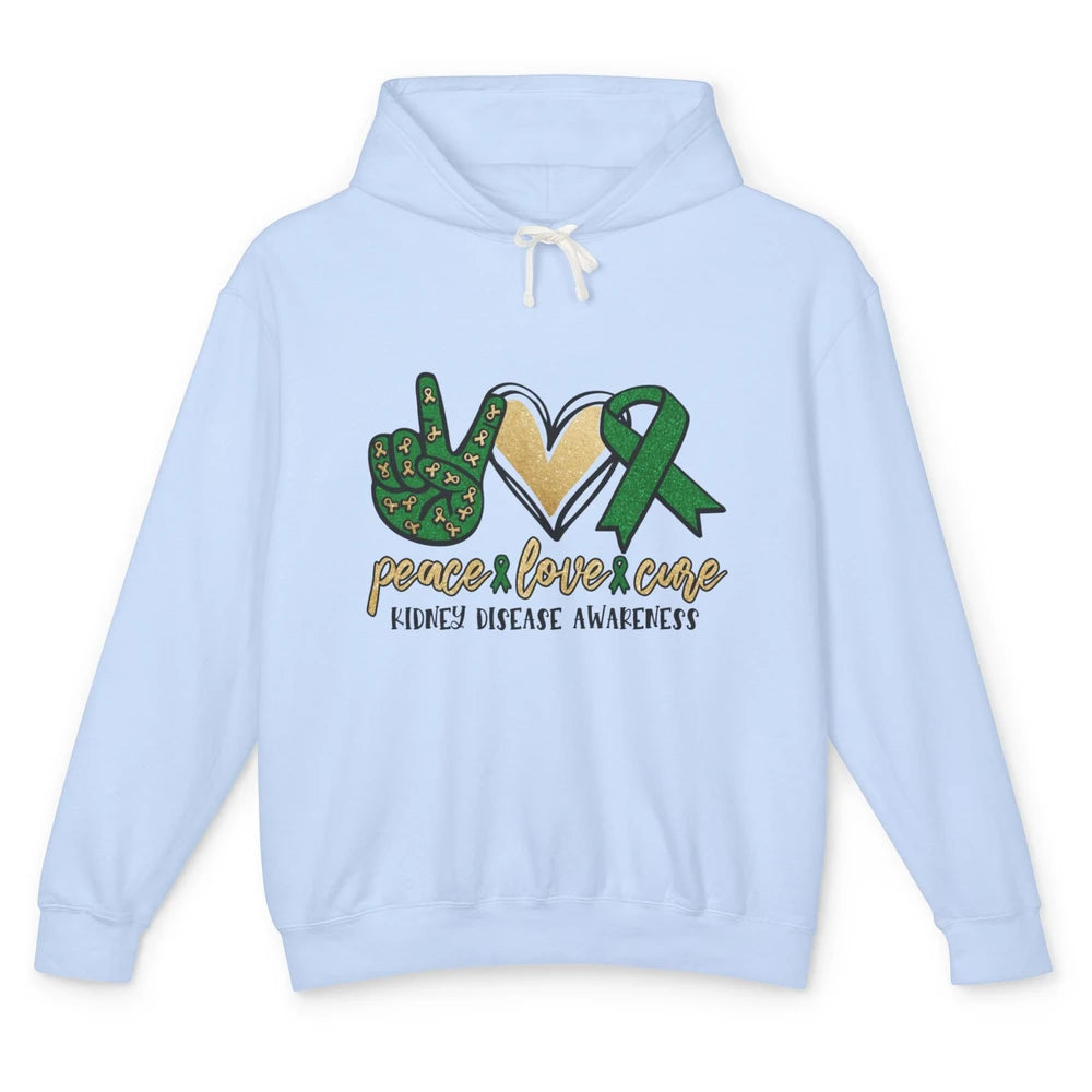 Peace Love Cure Kidney Disease Awareness Green Ribbon Heart Unisex Lightweight Hoodie