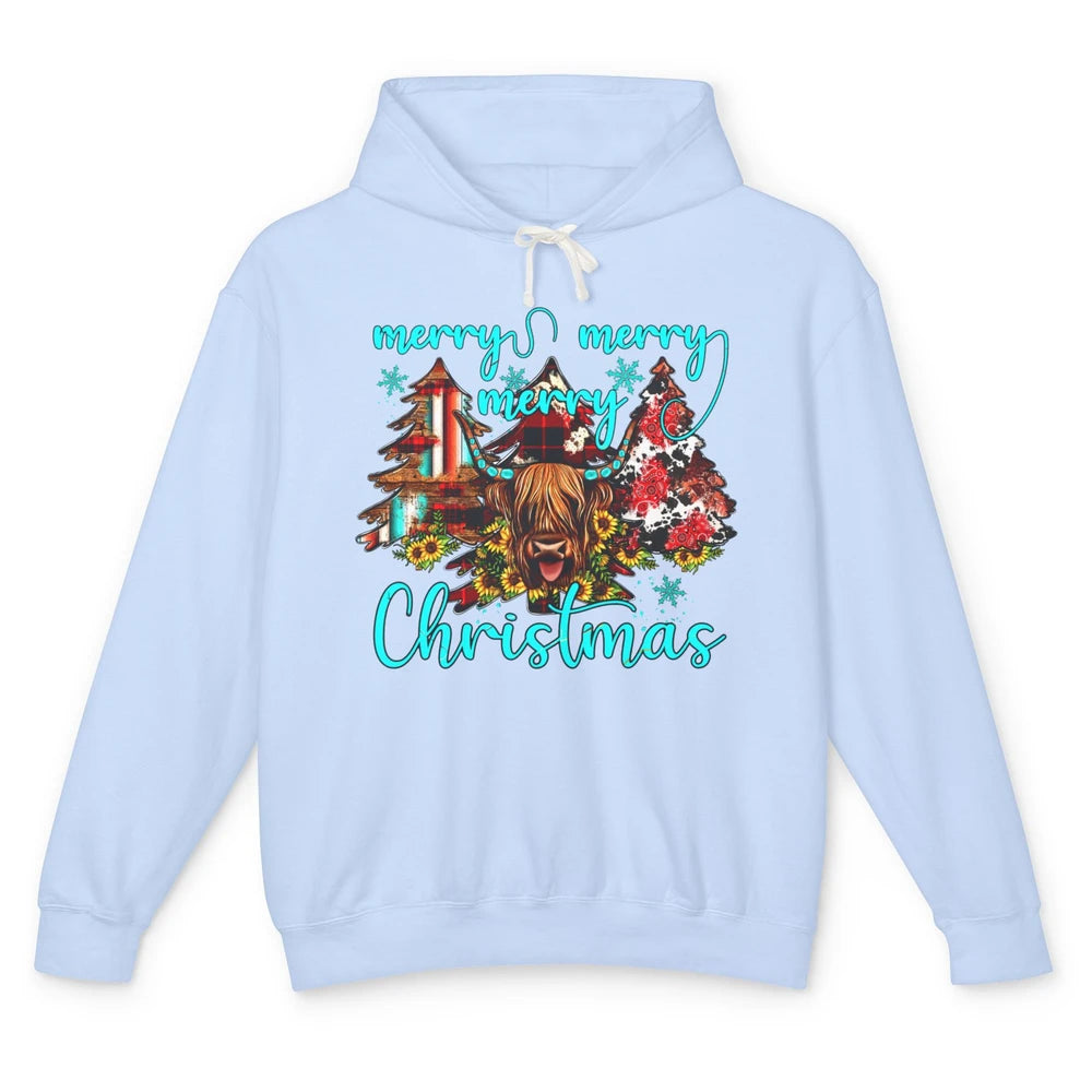 Highland Cow Merry Christmas Heifer Western Country Cowboy Unisex Lightweight Hoodie