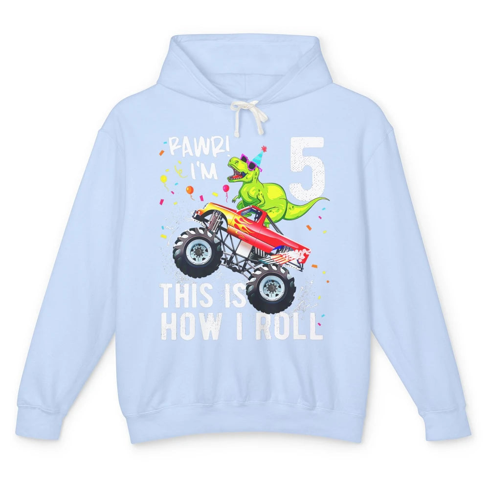 Funny T Rex Dinosaur Monster Truck Happy 5 Birthday Boy Rawr Unisex Lightweight Hoodie