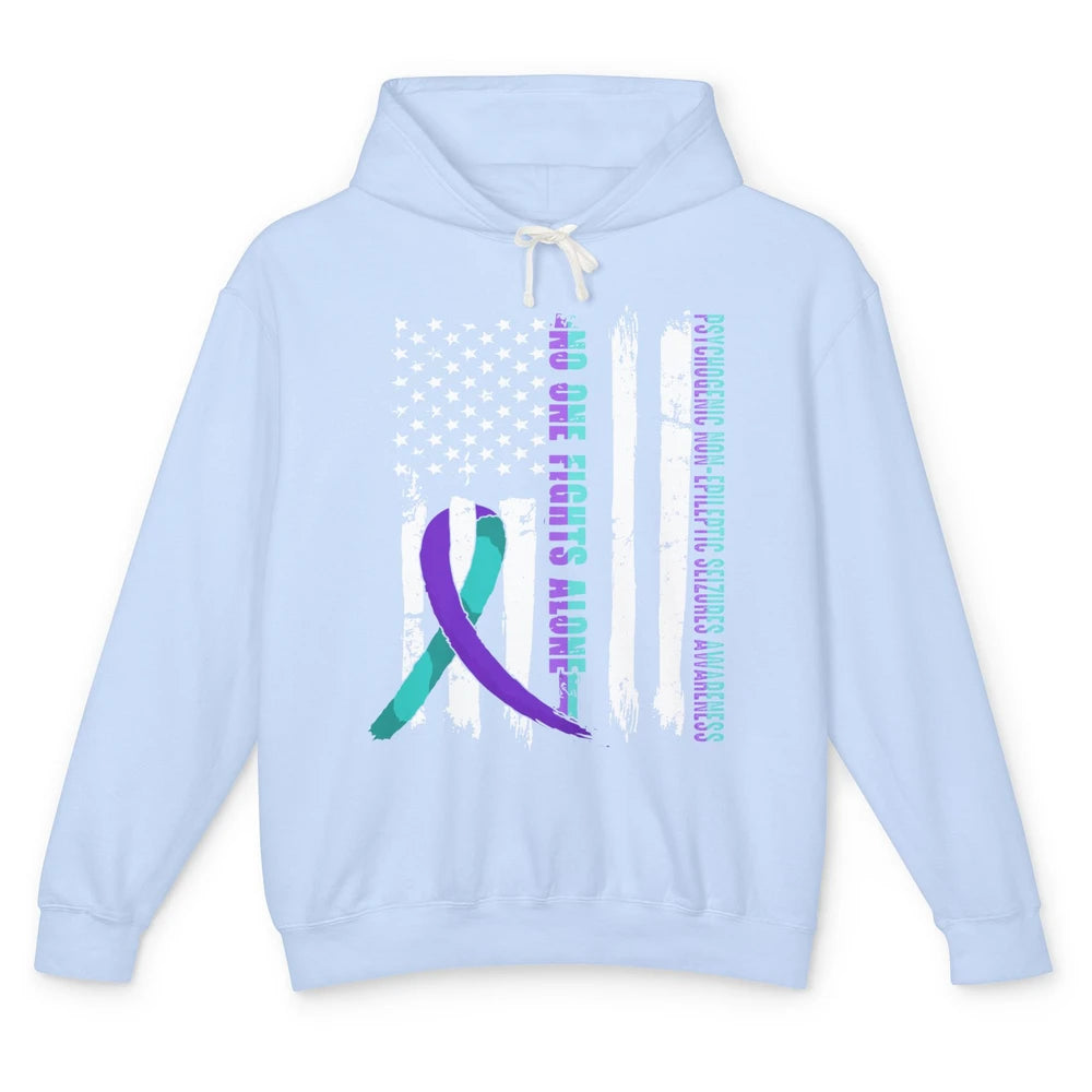 PNES Awareness Purple Teal Ribbon No One Fight Alone US Flag Unisex Lightweight Hoodie