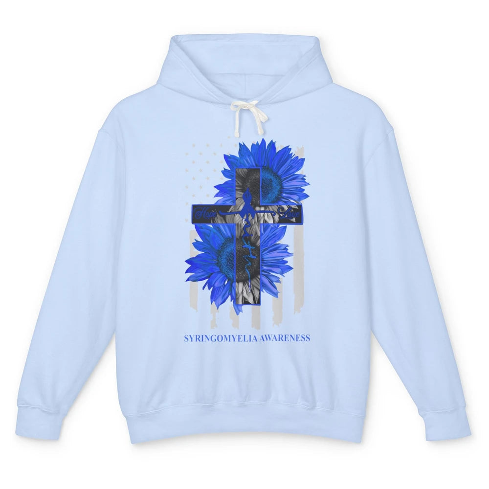 Syringomyelia Awareness Faith Hope Love Blue Ribbon US Flag Unisex Lightweight Hoodie