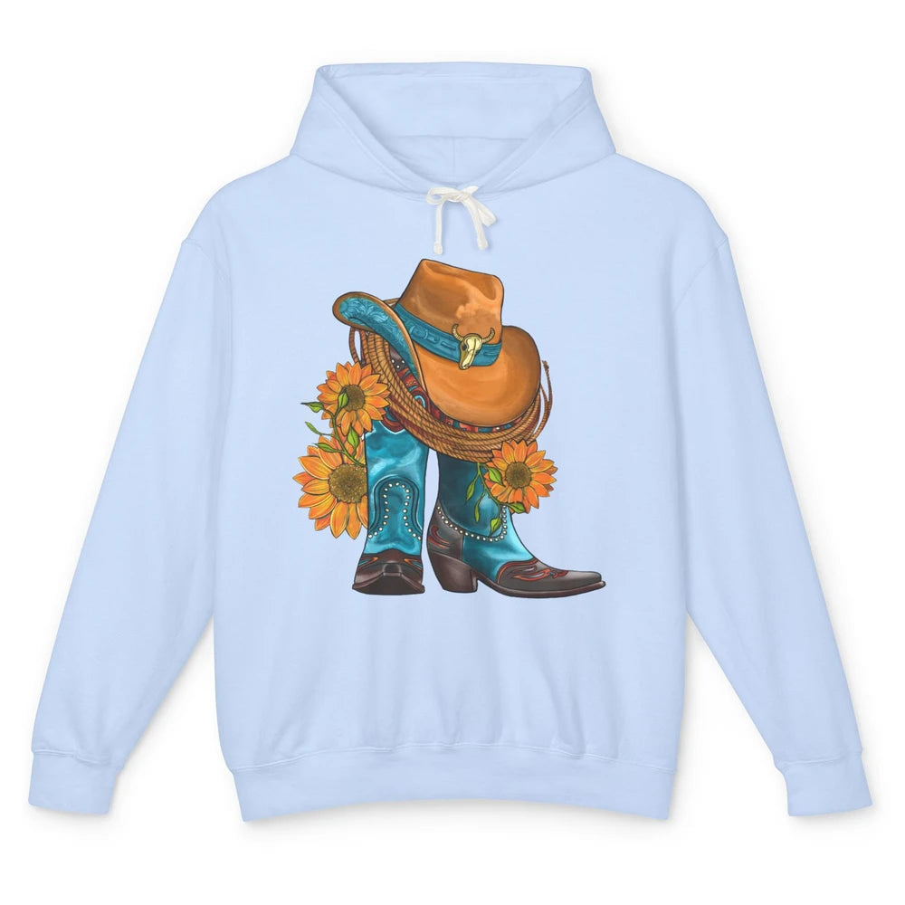 Sunflower Cowboy Boots And Hat Bull Skull Western Country Unisex Lightweight Hoodie