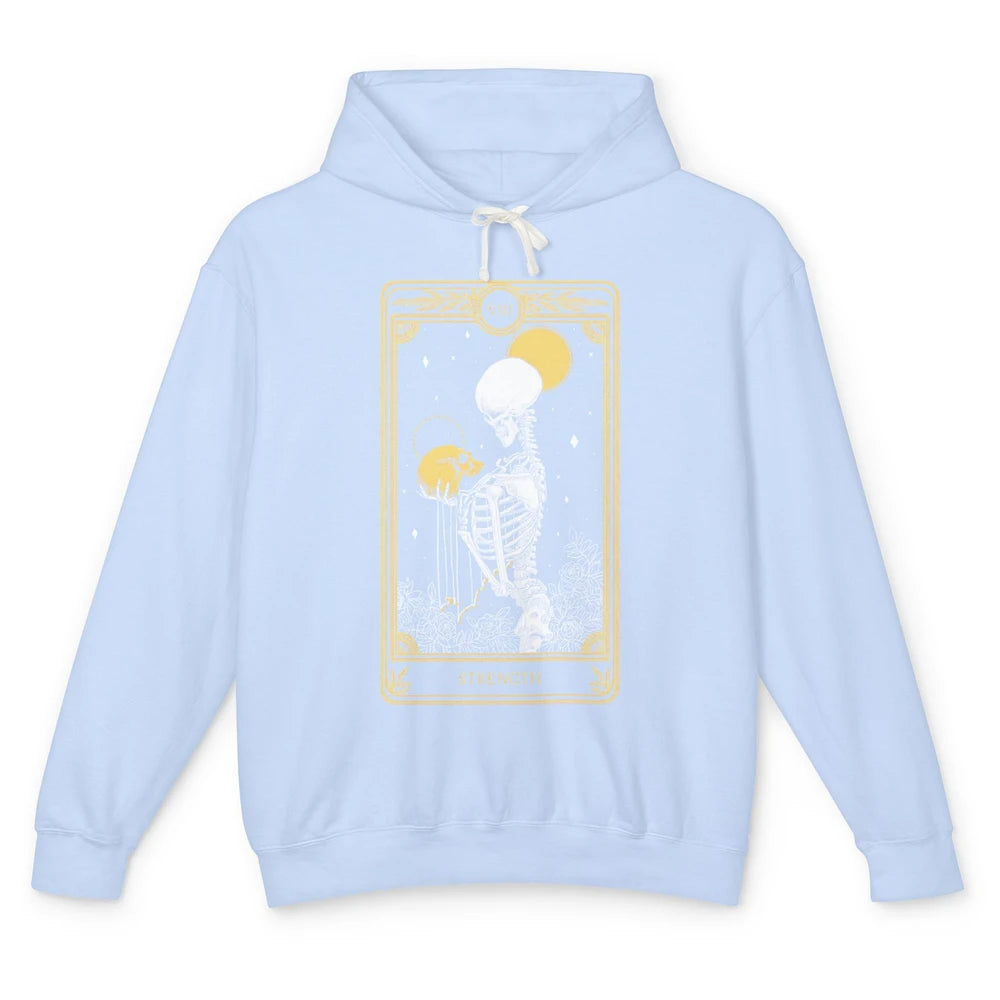 Retro Skeleton Holding Skull Strength Tarot Card Halloween Unisex Lightweight Hoodie