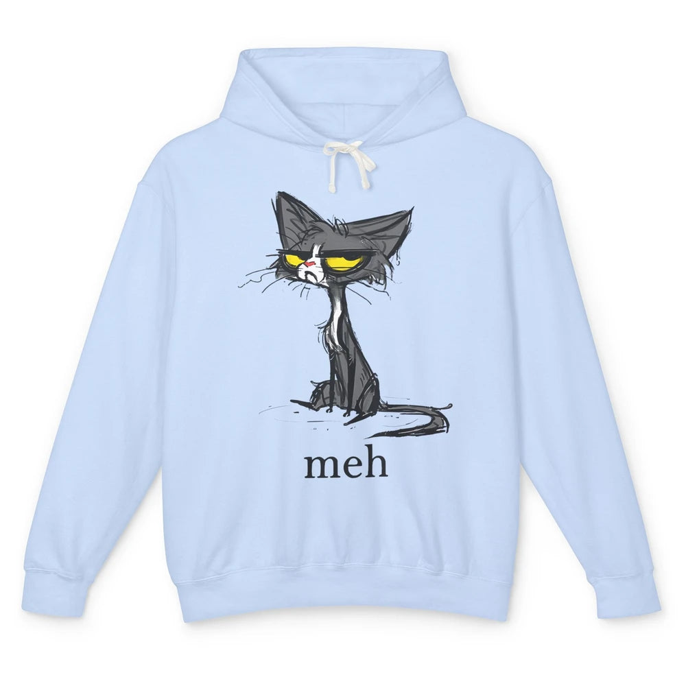 Funny Meh Grumpy Black Cat Sarcastic Kitten Angry Cat Mom Unisex Lightweight Hoodie