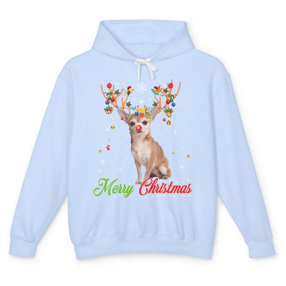 Merry Christmas Chihuahua Dog Santa Hat Xmas Reindeer Lights Unisex Lightweight Hoodie