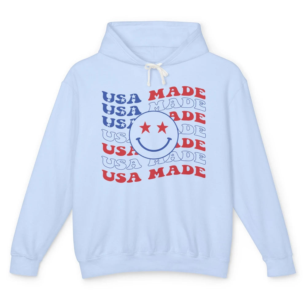 US Flag America Made Smiley Face July 4th American Patriots Unisex Lightweight Hoodie