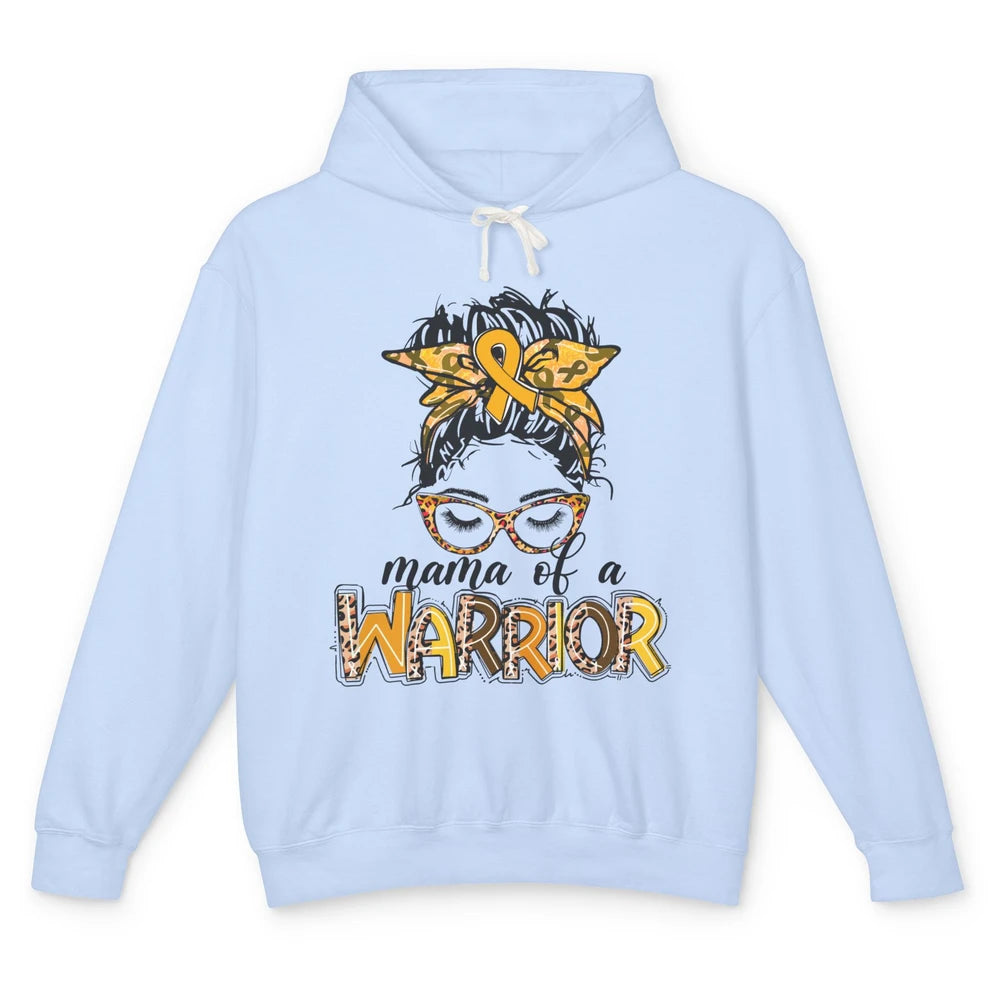 Mama Warrior Childhood Cancer Messy Hair Leopard Gold Ribbon Unisex Lightweight Hoodie