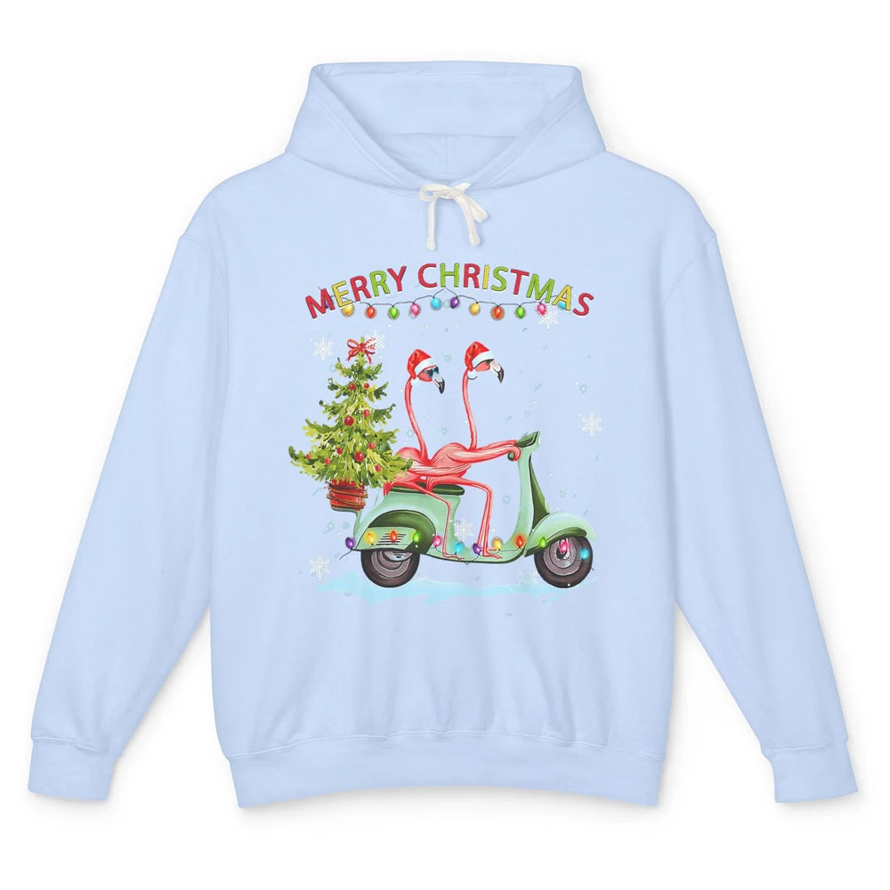 Merry Christmas Flamingos Santa Hat Xmas Lights Motorbike Unisex Lightweight Hoodie