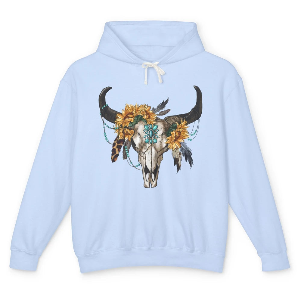 Retro Sunflower Boho Bull Skull Western Country Cowgirl Gift Unisex Lightweight Hoodie