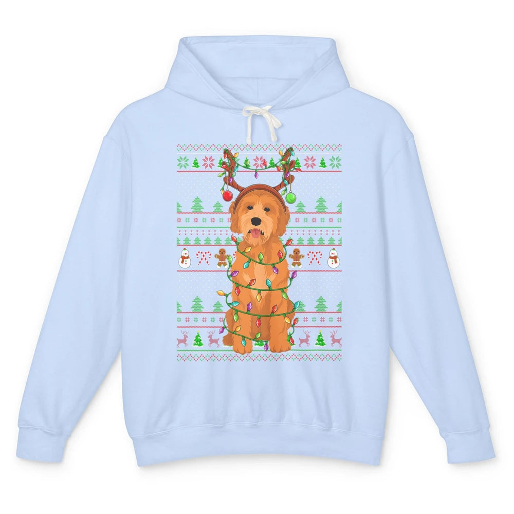 Merry Christmas Golden Doodle Dog Reindeer Xmas Lights Ugly Unisex Lightweight Hoodie