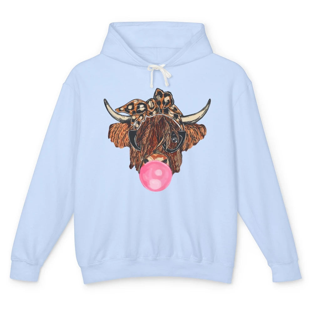 Highland Cow Leopard Bandana Glasses Bubble Gum Western Gift Unisex Lightweight Hoodie