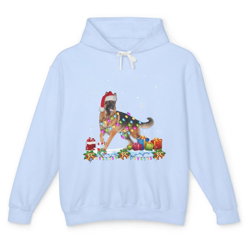 Merry Christmas German Shepherd Dog Santa Hat Xmas Lights Unisex Lightweight Hoodie