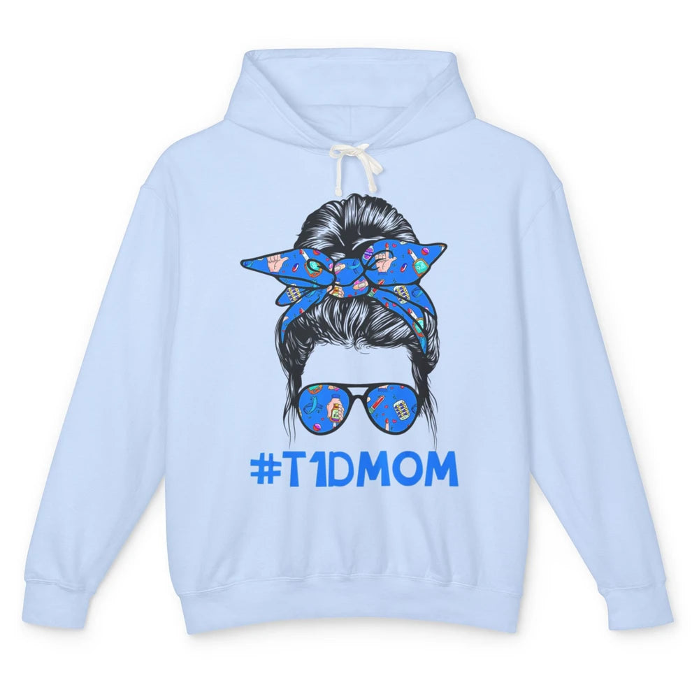 T1D Proud Mom Leopard Messy Bun Warrior Diabetes Awareness Unisex Lightweight Hoodie