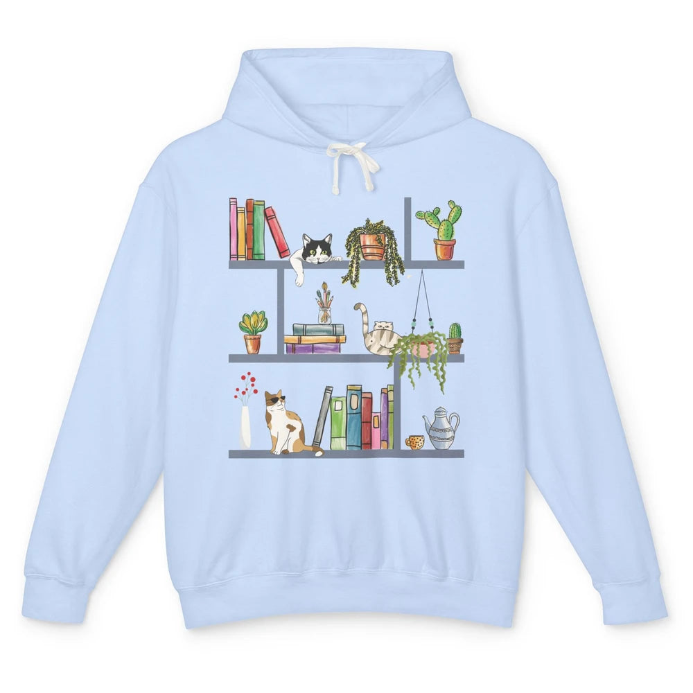 Funny Cats Lying On Floral Bookshelf Book Kitten Minimalist Unisex Lightweight Hoodie