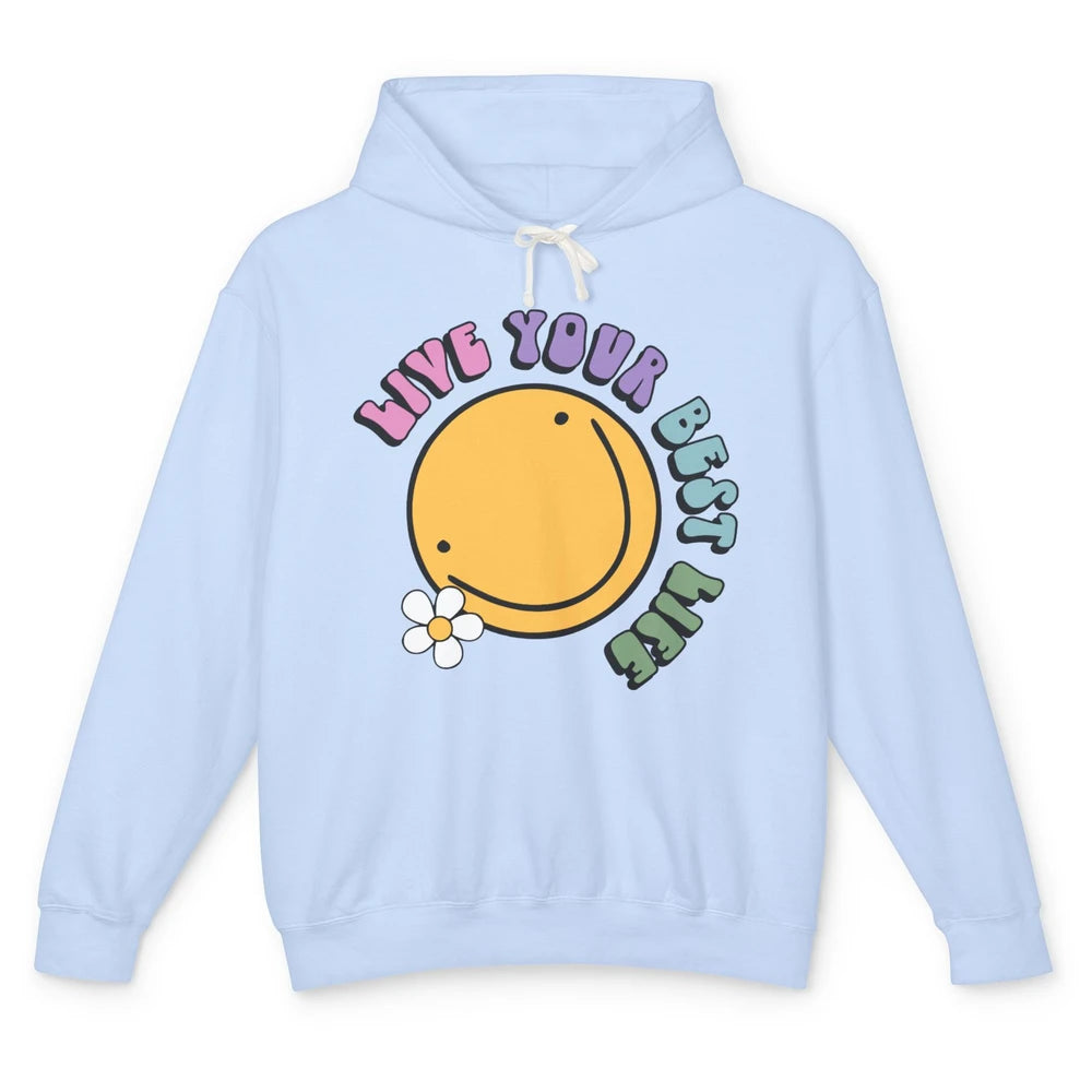 Retro Groovy Smile Face Live Your Best Life Motivational Unisex Lightweight Hoodie